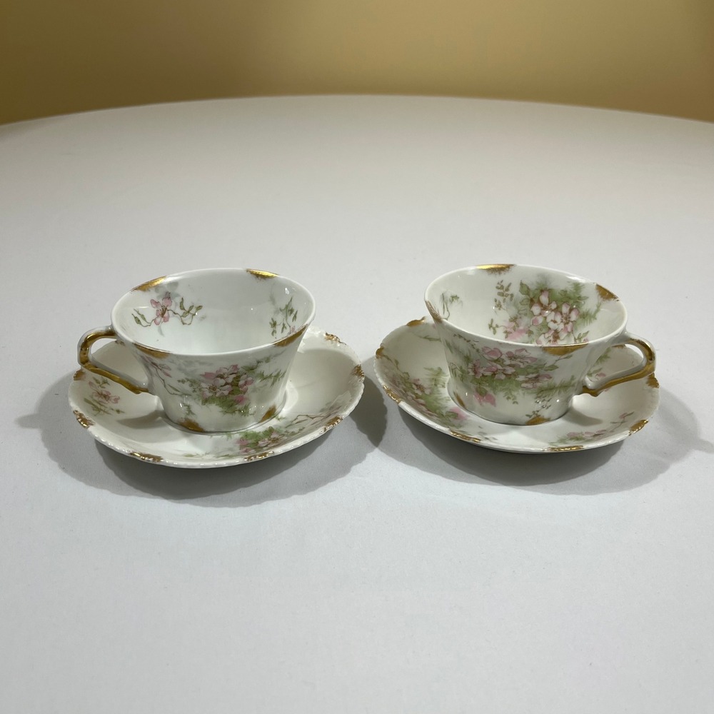Theodore Haviland Limoges Tea Cup Saucer Set 2 White Pink Floral Gold France